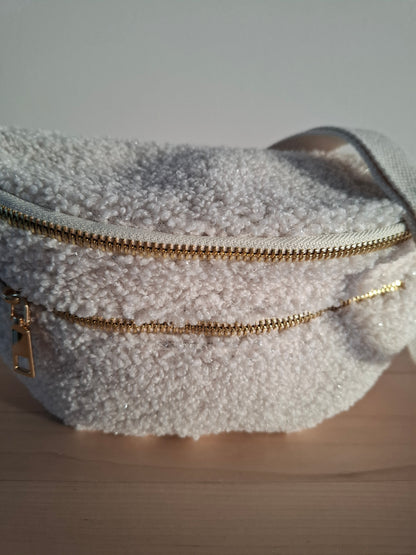 Sac banane peluche moumoute 2 poches blanc cassé