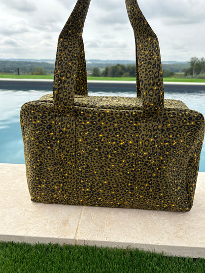 Sac week-end de voyage polochon coton fin léopard kaki