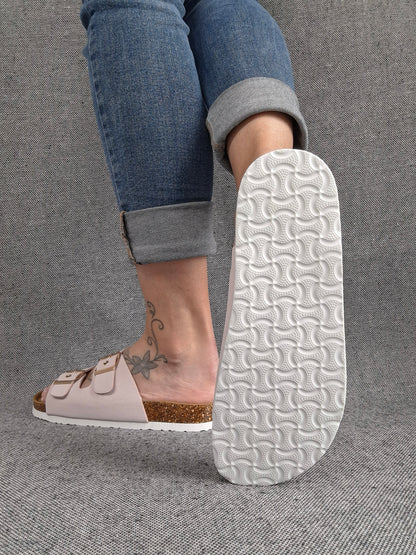 Chaussures sandales roses pastel à doubles lanières avec boucles métalliques style Birk