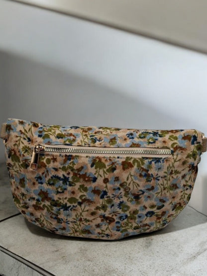 Sac banane velours côtelé très fin fleuri liberty beige avec porte-monnaie assorti