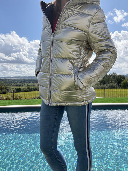Melya Melody - Manteau court réversible et imperméable matelassé bleu marine/doré