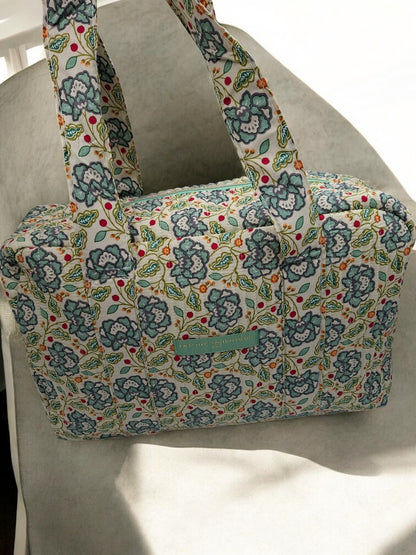 Sac week-end polochon en coton matelassé blanc liberty fleuri jaune et bleu
