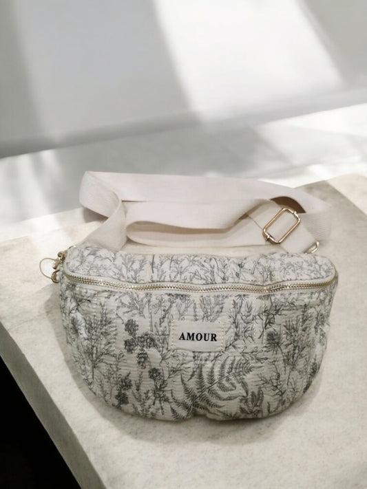Nouveautés - Sac banane blanche en coton liberty fleuri noir