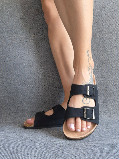 Chaussures Sandales intérieur cuir noir style Birk