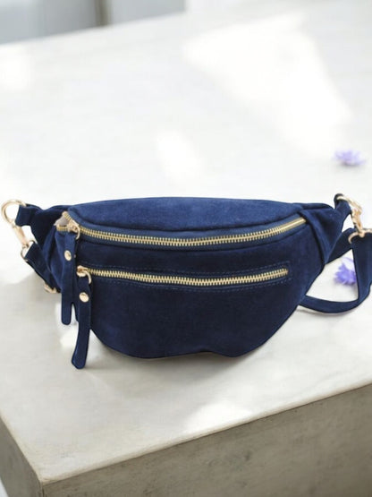 Sac banane croute de cuir velours 2 poches bleu marine