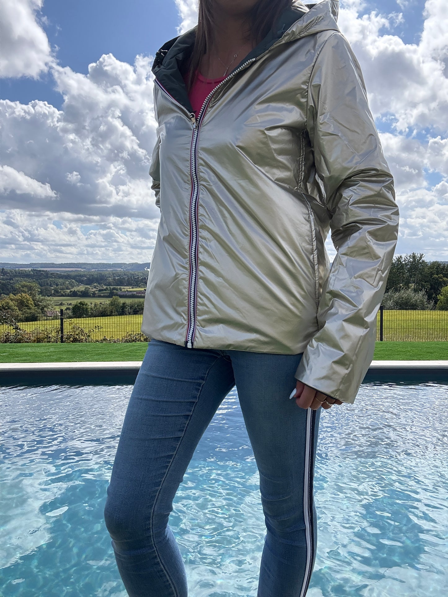 Laura Jo - Imperméable réversible court garnissage ouate mi-saison vert forêt / doré
