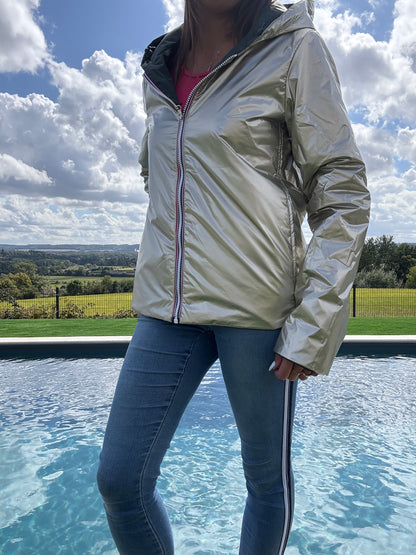 Laura Jo - Imperméable réversible court garnissage ouate mi-saison vert forêt / doré