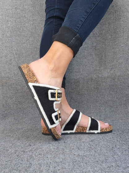 Chaussures sandales type birk 2 brides tissu bicolore noir et beige