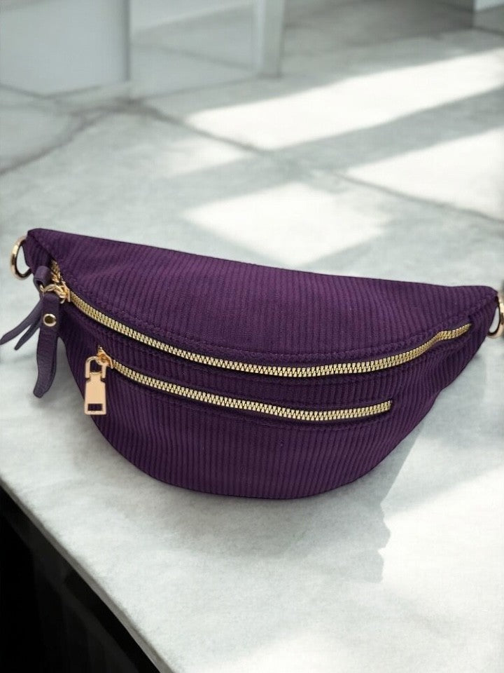 Sac banane velours côtelé 2 poches violet sangle fantaisie