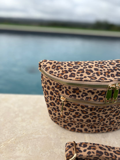 Sac banane tissu doux léopard beige clair 2 poches