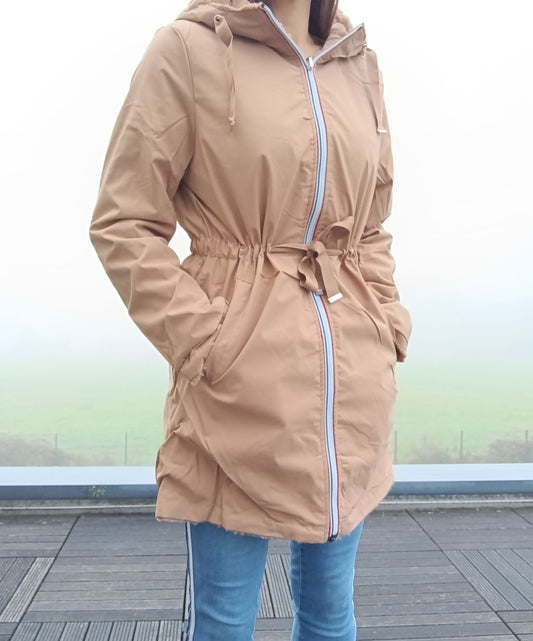 New Lolo - Manteau long CAMEL réversible, imperméable et complètement fourré resserrable à la taille