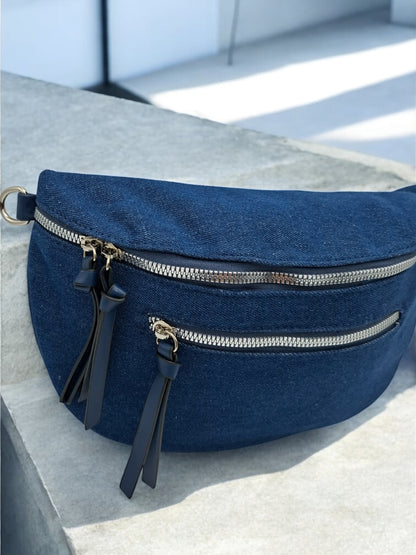 Sac banane en tissu jeans denim bleu foncé 2 poches