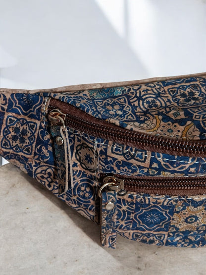 Sac banane en liège motifs « mosaïque bleue » - 2 poches