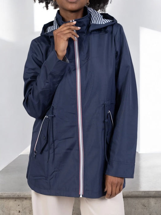 New Lolo - Manteau mi long léger imperméable bleu marine capuche intérieur marin