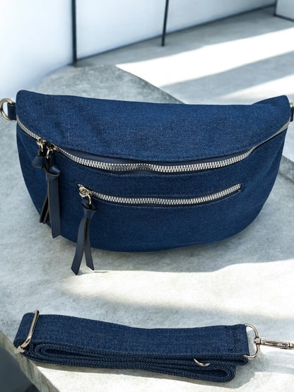 Sac banane en tissu jeans denim bleu foncé 2 poches