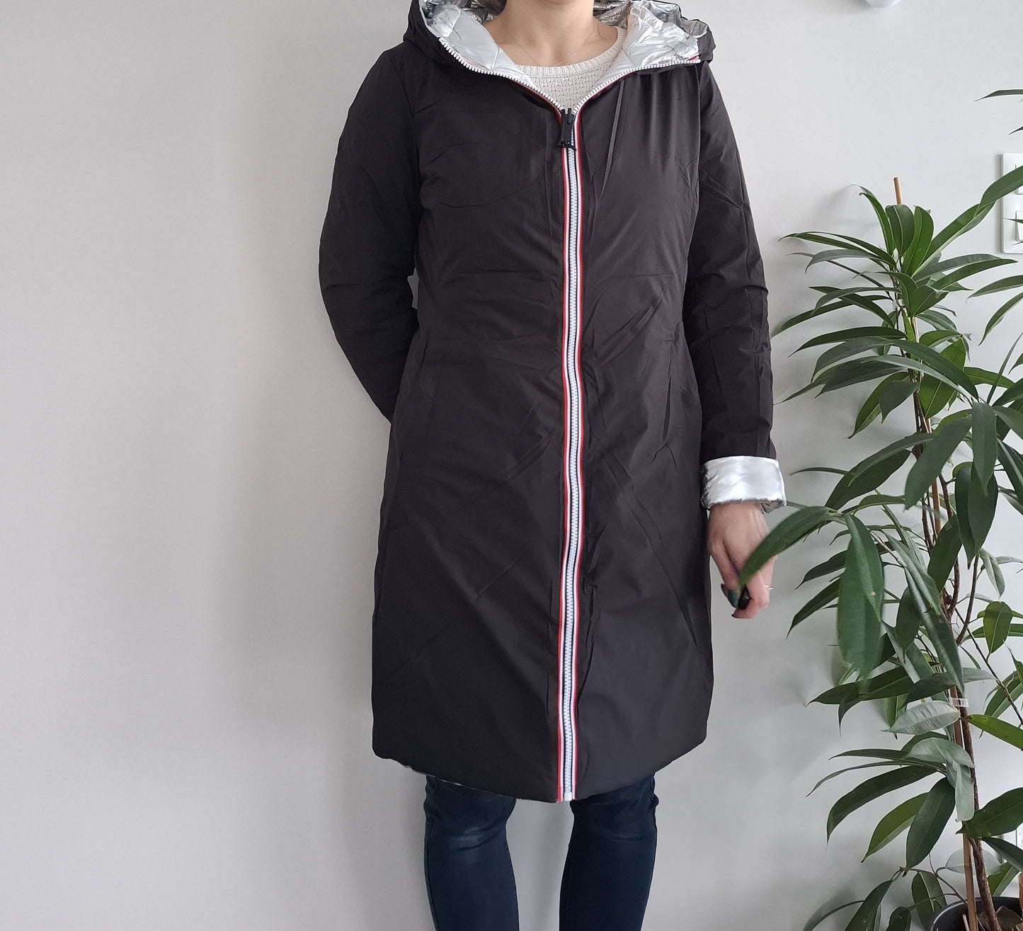 Doudoune manteau imperméable long noir réversible matelassé argenté