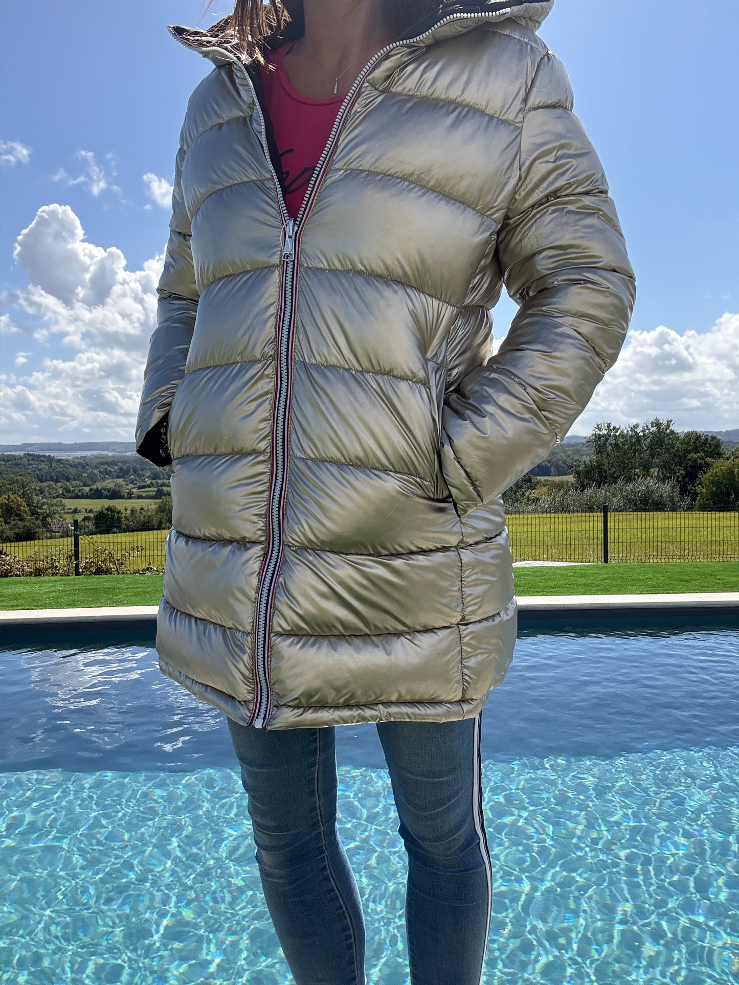 Melya Melody - Manteau long réversible et imperméable matelassé noir/doré