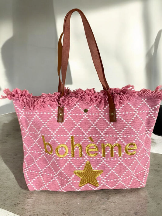 Grand sac fourre-tout rose pâle avec écriture dorée « Bohème »