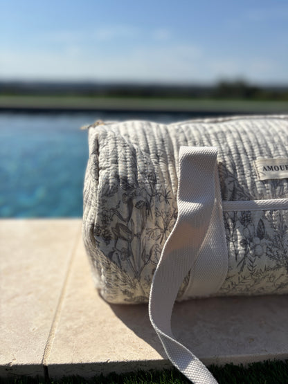 Sac polochon blanc en coton liberty fleuri noir