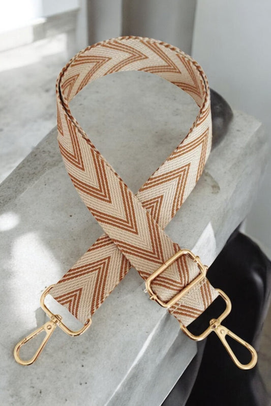 Bandoulière sangle large chevrons beige à motif marron mousquetons dorés