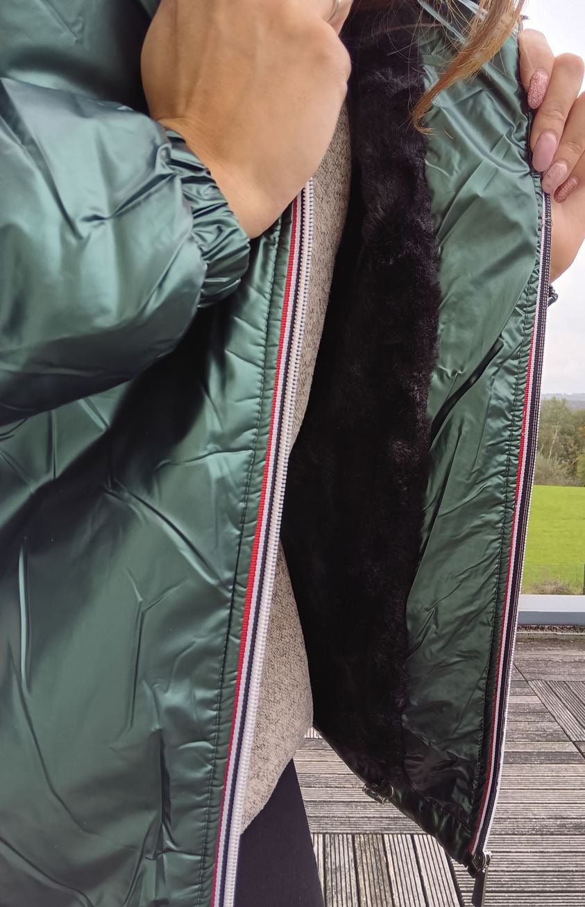 Attrait Paris - Manteau court imperméable fourré vert forêt métallisé