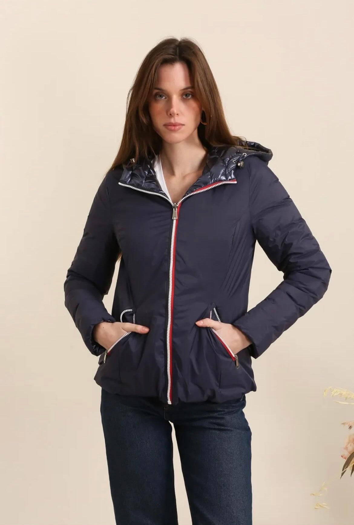 Doudoune courte réversible imperméable bleu marine réversible matelassé bleu marine avec capuche