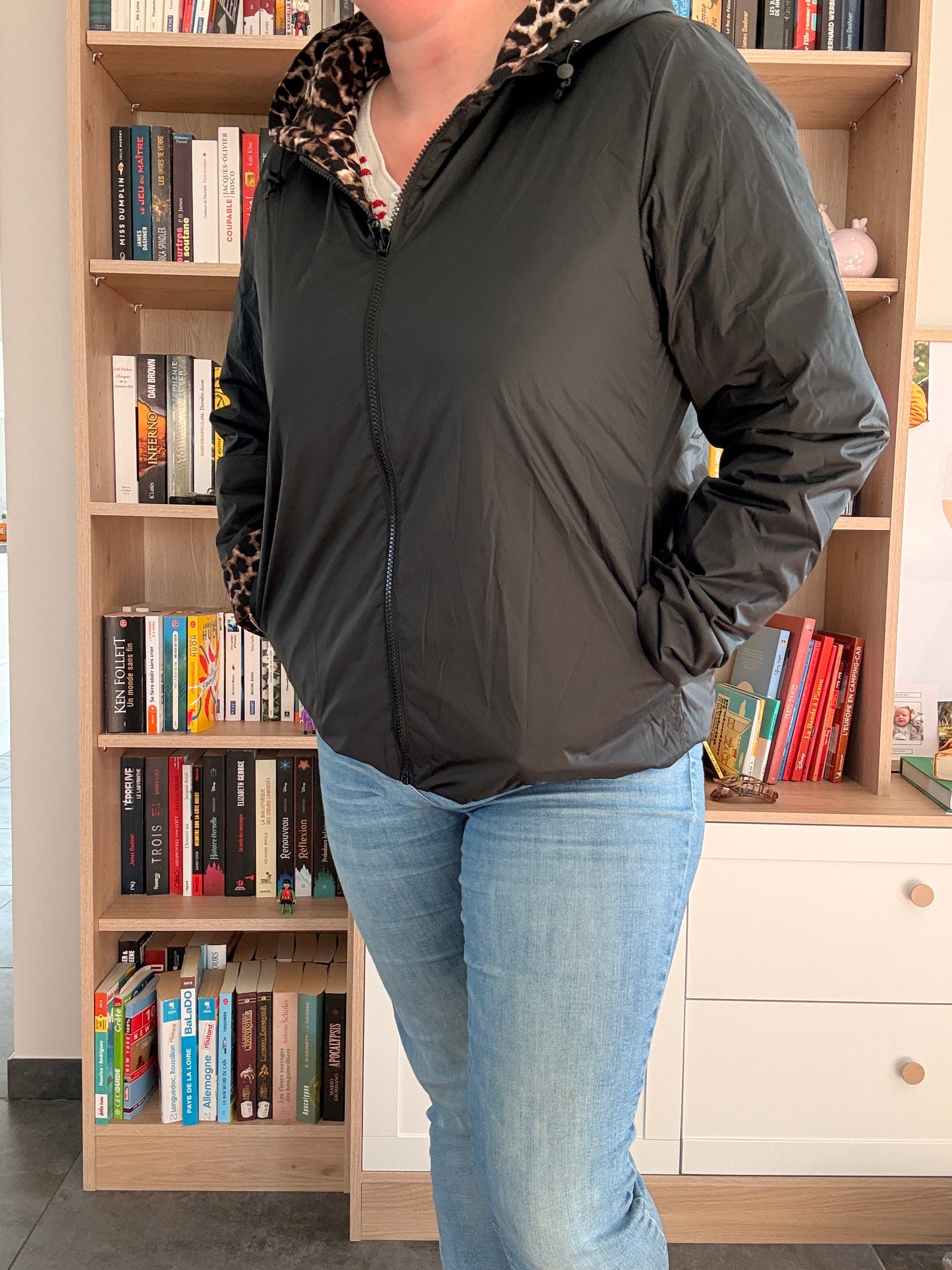 Laura Jo - Imperméable noir réversible léopard court mi-saison garnissage ouate
