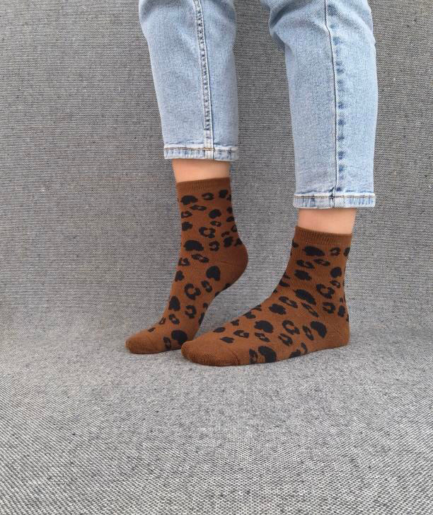 Nouveautés - Chaussettes marron en coton à motif léopard noir