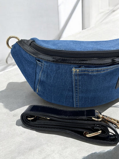 Sac banane tissu jean foncé et noir