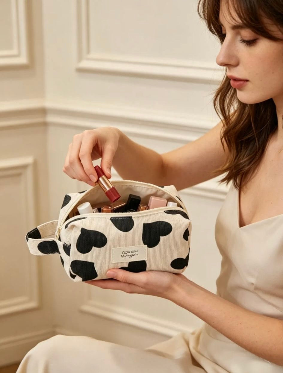 Grande Trousse Maquillage Femme Motif Cœurs Noirs | Pochette Cosmétique Zippée | Cadeau Beauté
