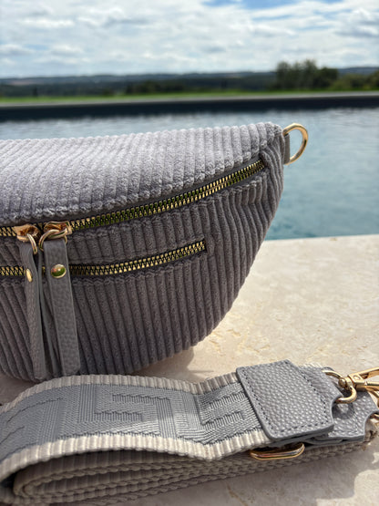 Sac banane velours côtelé 2 poches gris sangle fantaisie