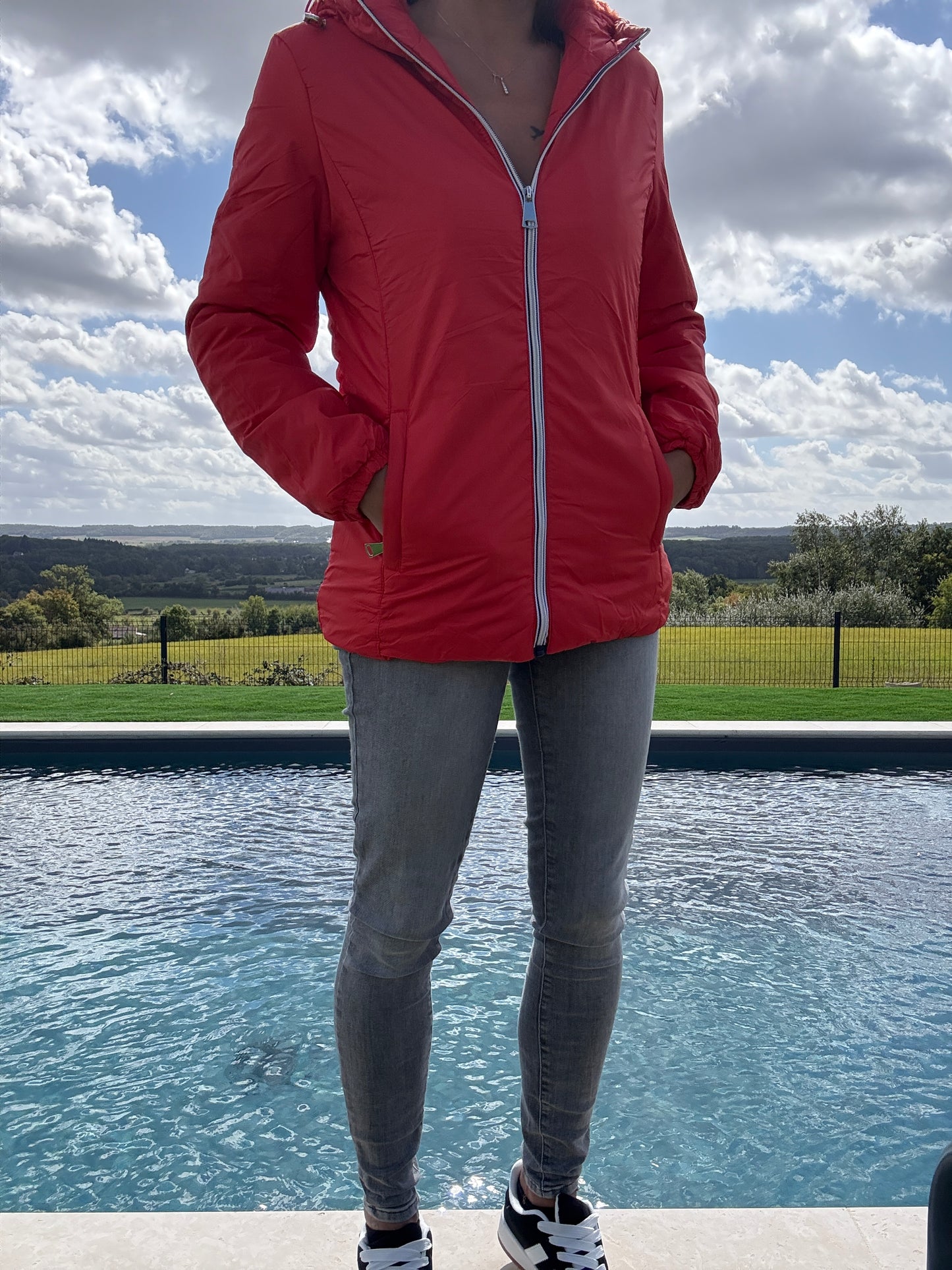 Melya Melody - Manteau court fourré imperméable légerement cintré corail