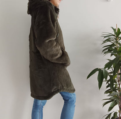 Melya Melody - Manteau long mi cuisses type ciré imperméable fourré réversible kaki