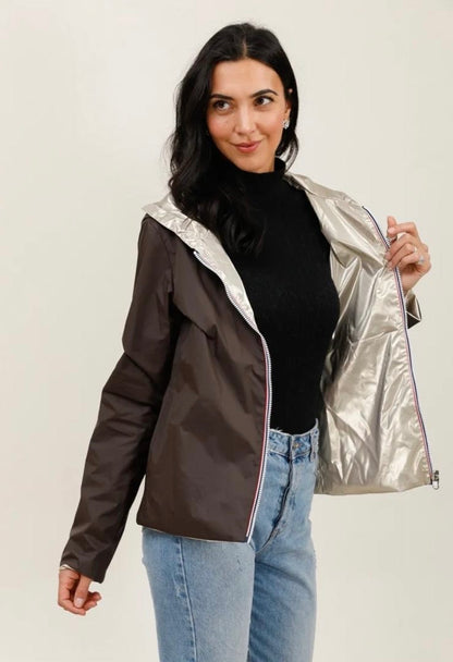 Laura Jo - Imperméable réversible court sans garnissage ouate mi-saison couleur marron chocolat/doré