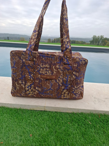 Sac week-end polochon en coton matelassé marron liberty fleuris beige et bleu