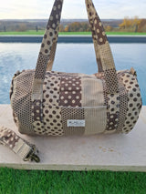 Sac polochon week end de voyage en tissu coton patchwork motifs à pois couleur Marron et taupe