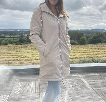 Laura Jo - Imperméable long doublé en fausse fourrure cordon tricolore couleur beige
