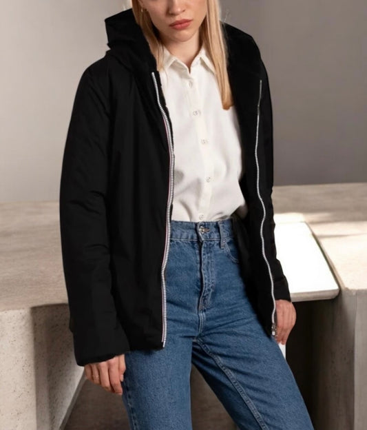 Laura Jo - Manteau imperméable court noir fourré et réversible