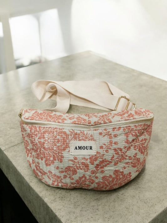 Nouveautés - Sac banane blanche en coton liberty fleuri corail