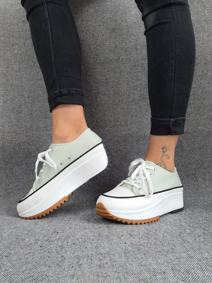 Chaussures baskets basses plate-forme tissu toile vert d'eau