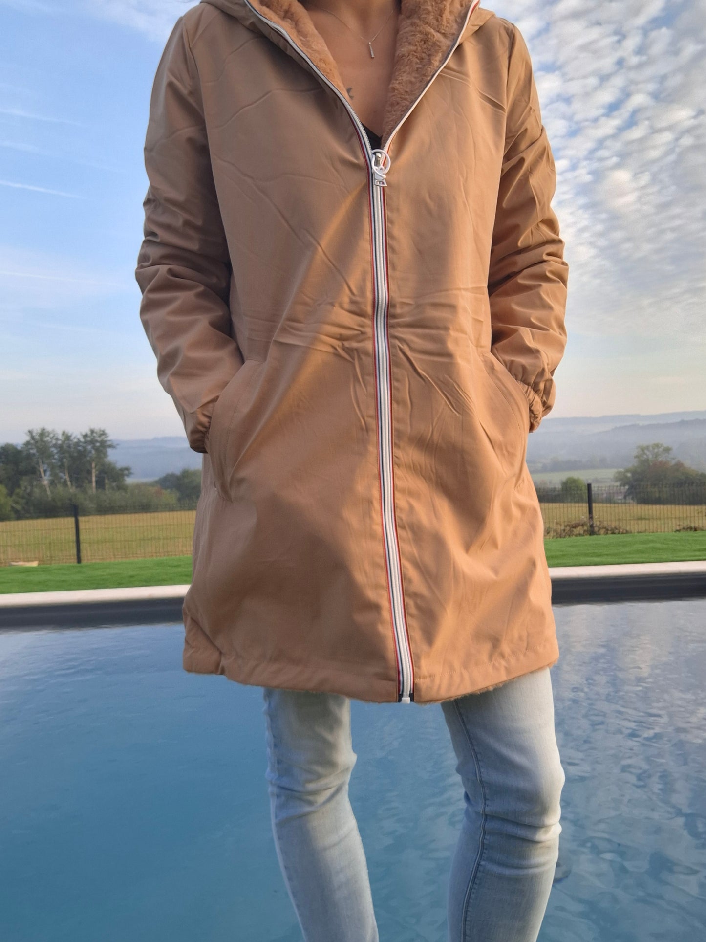New Lolo - Manteau long camel clair fourré complet réversible imperméable