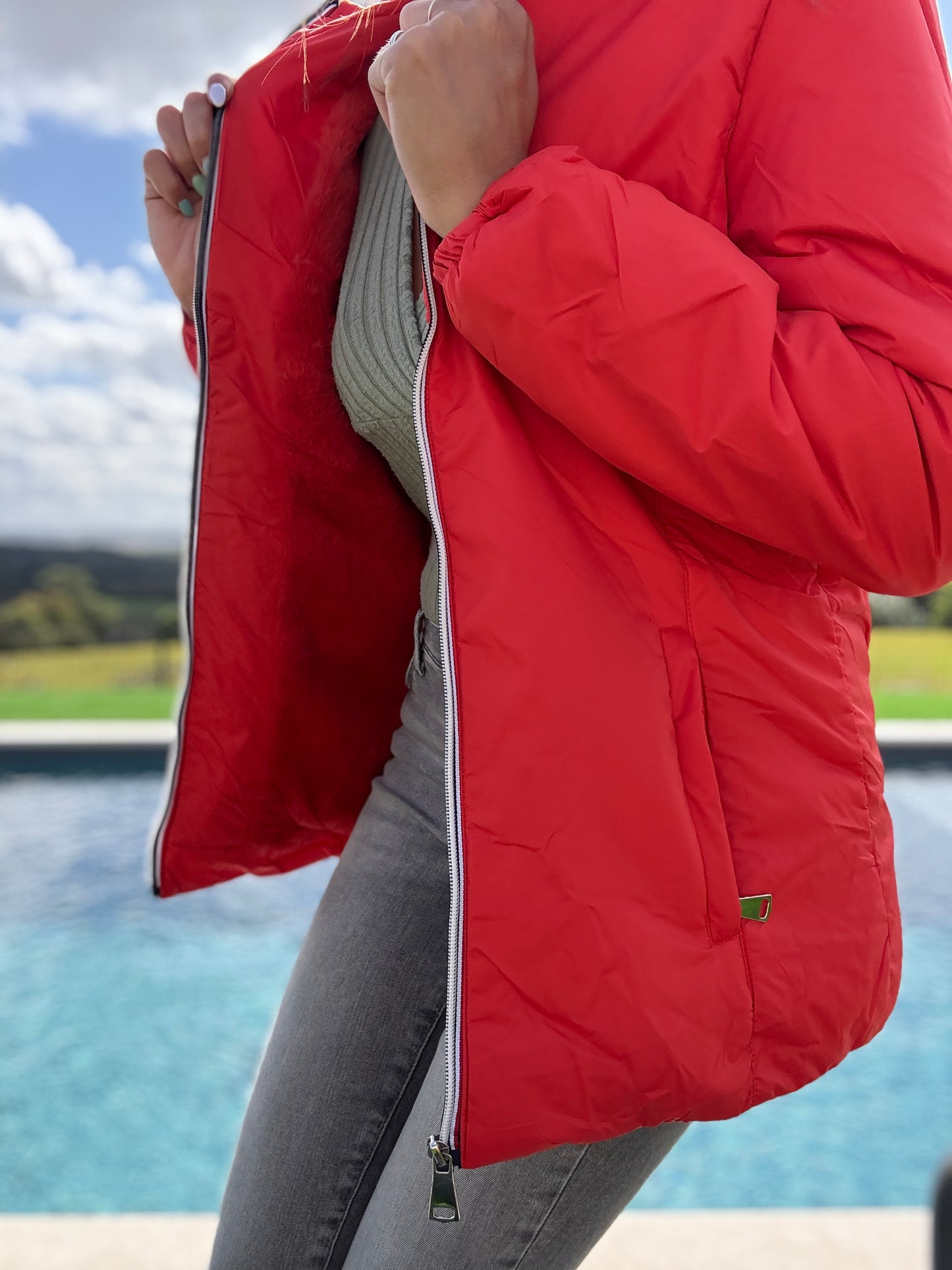 Melya Melody - Manteau court fourré imperméable légerement cintré corail