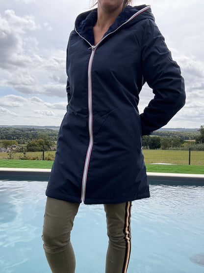 New Lolo - Manteau long bleu marine réversible imperméable fourré fausse fourrure - Curvy