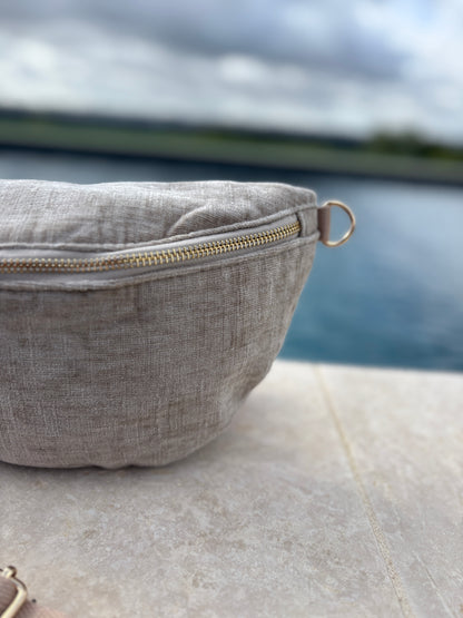 Sac banane en tissu velours texturé beige gris