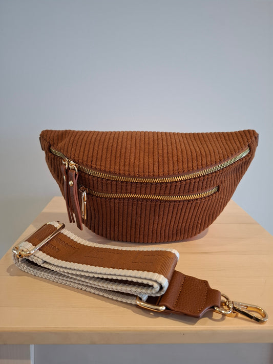 Sac banane velours côtelé 2 poches marron chocolat clair sangle fantaisie