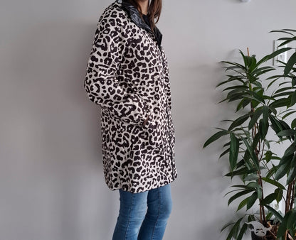 Attrait Paris - Manteau long sans ouate imperméable noir réversible avec motif léopard avec capuche