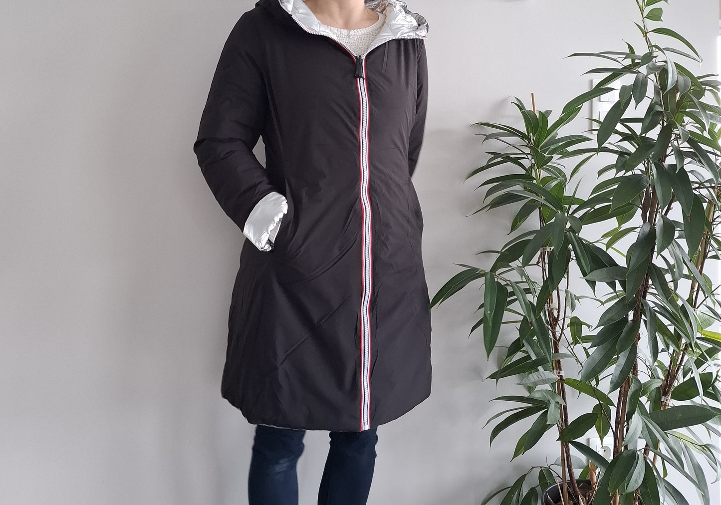 Doudoune manteau imperméable long noir réversible matelassé argenté