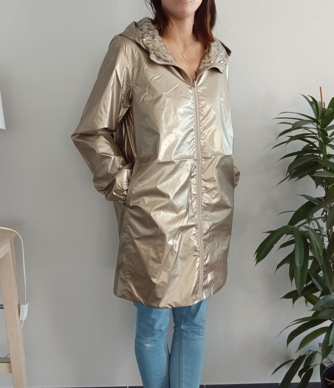 Melya Melody - Manteau long mi cuisses réversible et imperméable léger doré léopard