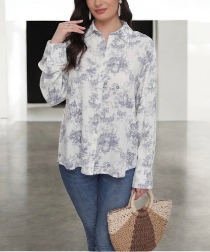 Chemise coton manches longues blanche avec motifs bleu marine