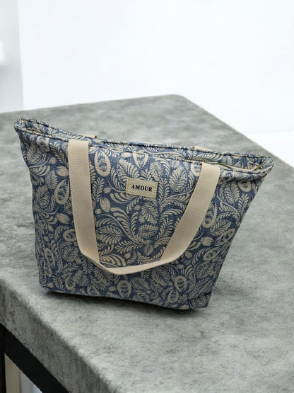 Sac cabas porté épaule coton imprimé toile de jouy feuilles bleues creme